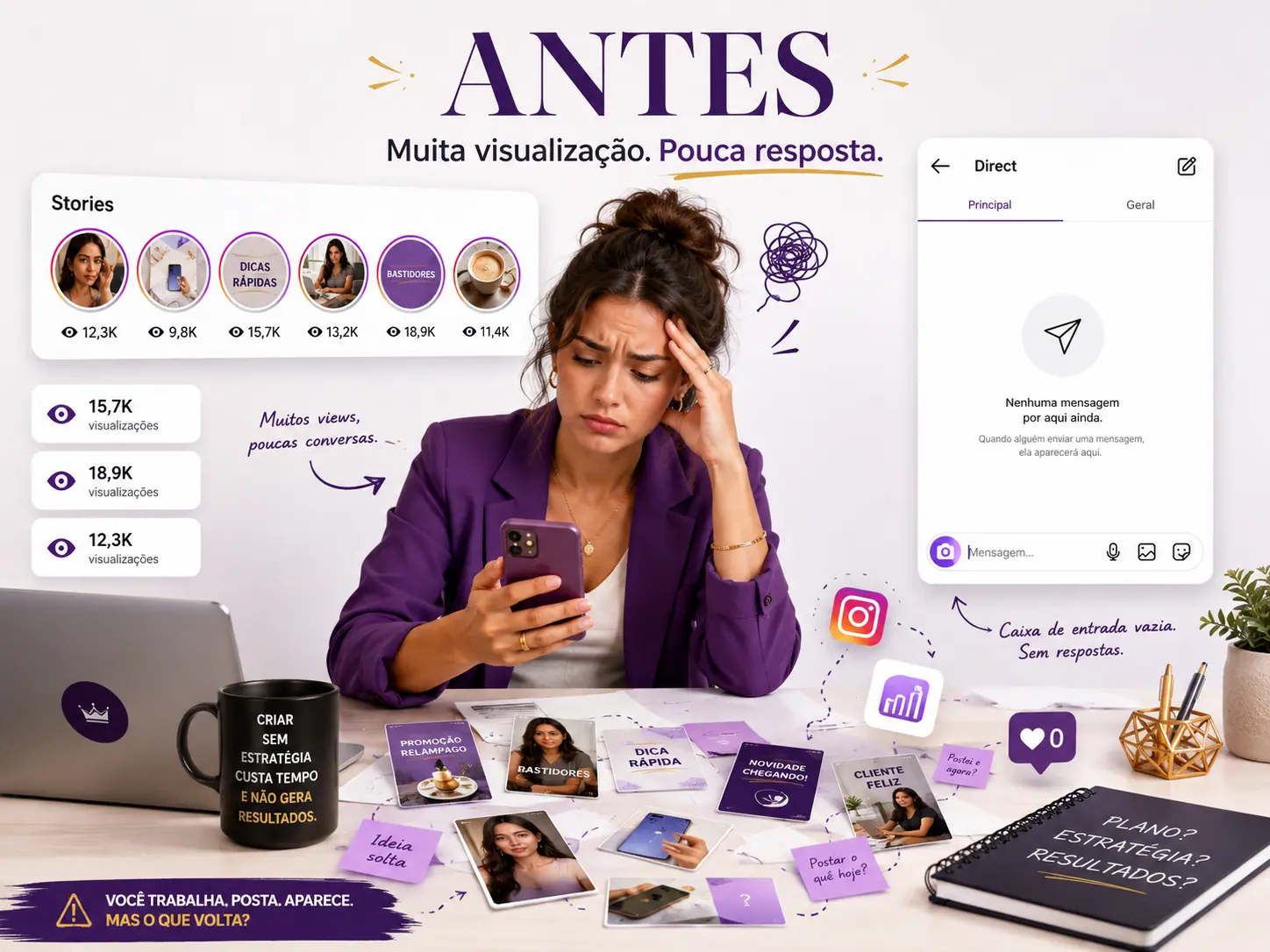 Antes: Stories vistos, mas sem respostas no Direct